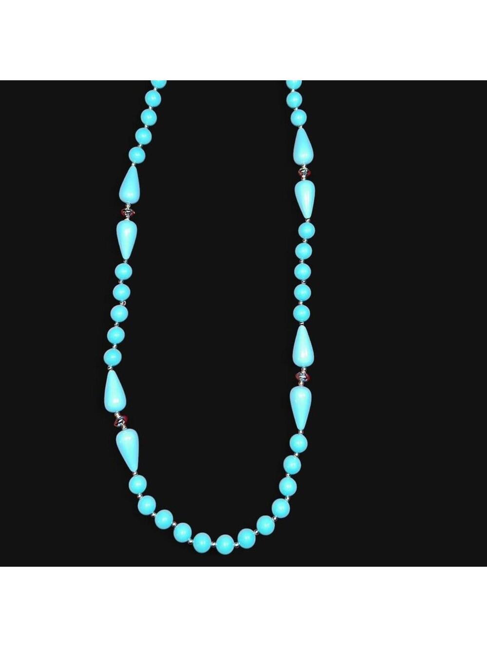 Vintage Aqua Blue Beaded Necklace 30” Retro Statement Strand Teardrop